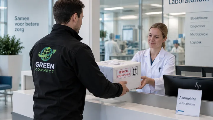 EuroCourier-koerier overhandigt een zending aan een laboratoriummedewerker